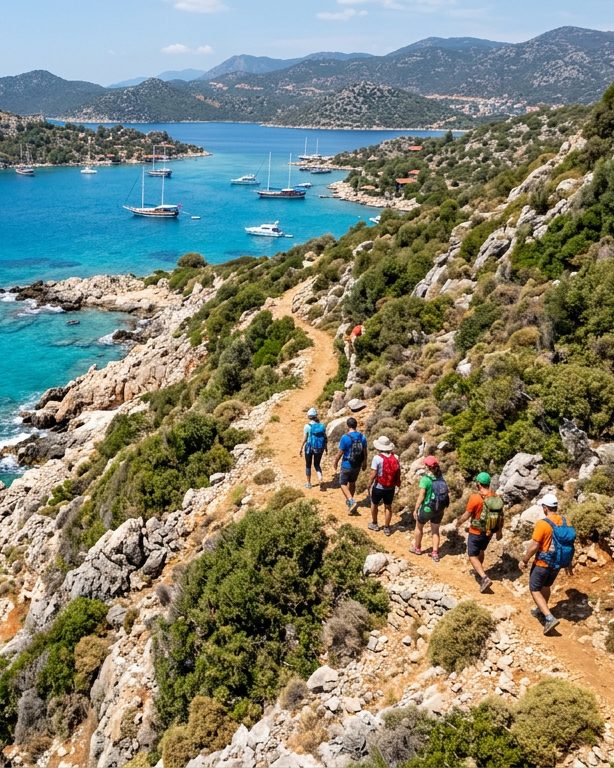 A group of hikers on a coastal trail above a turquoise bay, boats at anchor below