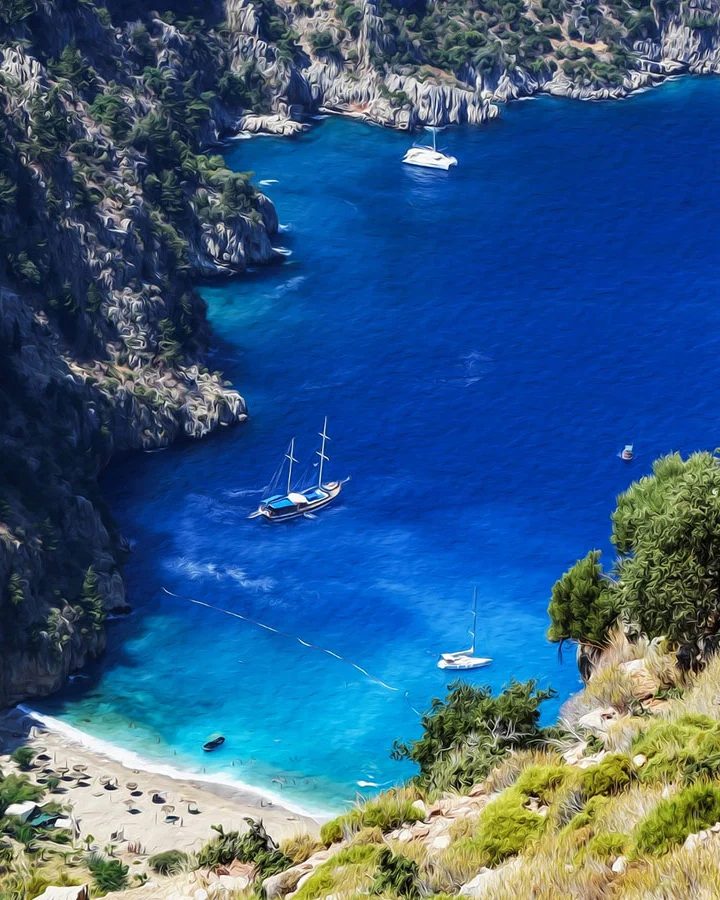 Butterfly Valley from the air, the beach at the foot of the cliffs